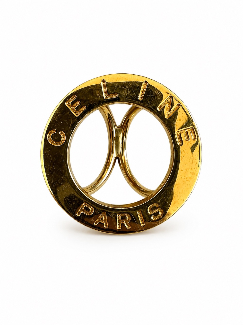 Celine Paris Vintage Gold-Tone Double Loop Logo Scarf Ring Authentic